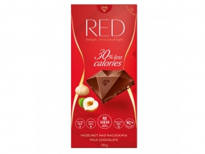 RED - Výborná mléčná čokoláda s makadamiovými a lískovými ořechy se sníženým obsahem kalorií bez přidaného cukru 100g