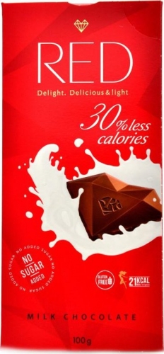 RED - Výborná mléčná čokoláda se sníženým obsahem kalorií bez přidaného cukru 100g