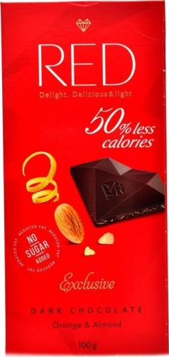RED - Hořká čokoláda s pomerančovou příchutí a mandlemi se sníženým obsahem kalorií  100g