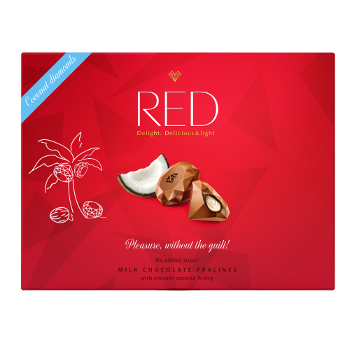 RED - výborná mléčná bonboniéra s kokosovou náplní se sníženým obsahem kalorií, bez přidaného cukru 132g - sleva 40% z důvodu expirace